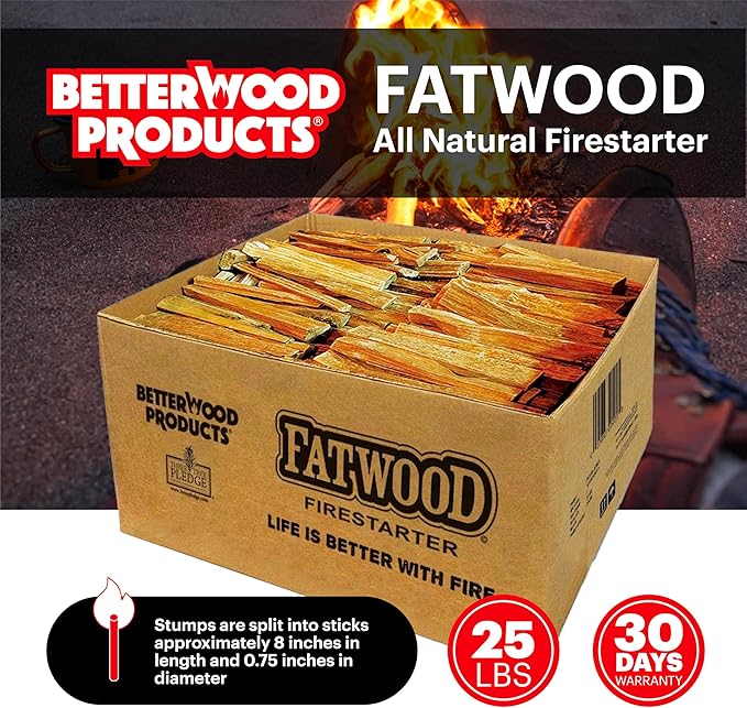 Better Wood Products 1 Pack Fatwood Fire Starter Sticks, Fireplace & Campfires, 25 Lbs