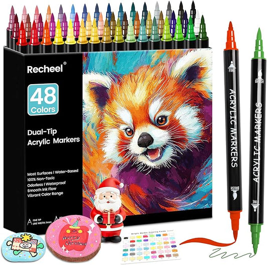48 Colors Acrylic Paint Markers, Dual Tip with Precision Fine Tip and Versatile Brush Tip Pens for Creative DIY, Crafting, Stone, Wood, Canvas, Glass, Metal, and More