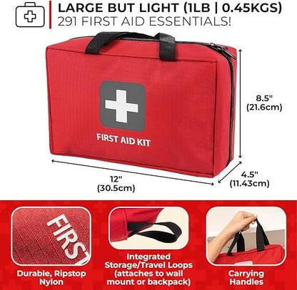 Thrive Home Essentials First Aid Kit (291 Pieces) - First Aid Bag with Multi-Sized Bandage, Gauze, Wipes, Scissors, Gloves, Tape, Ice Pack and More