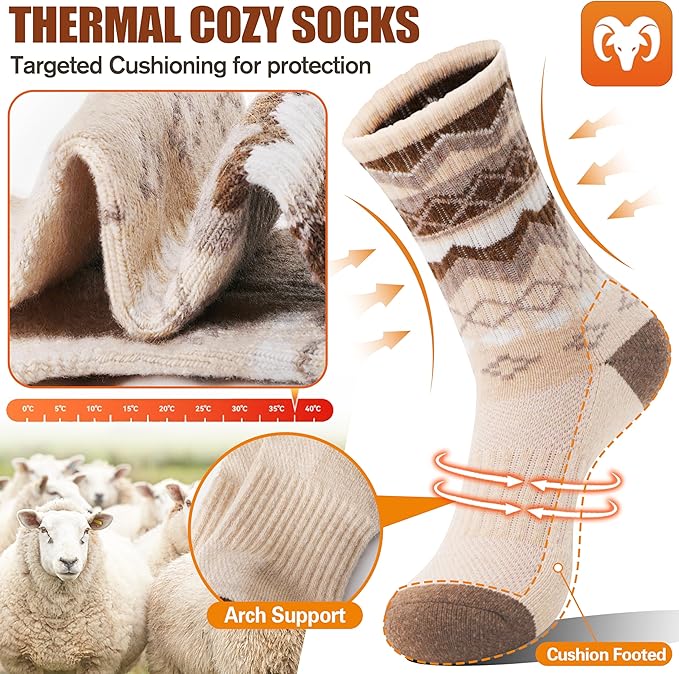 EBMORE Womens Merino Wool Hiking Socks Thermal Warm Winter Crew Cushion Work Boot Outdoor Socks 5 Pairs