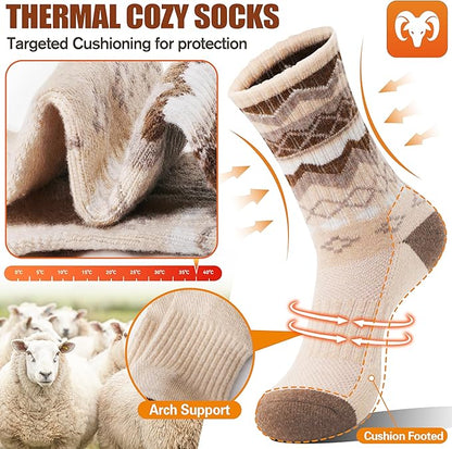 EBMORE Womens Merino Wool Hiking Socks Thermal Warm Winter Crew Cushion Work Boot Outdoor Socks 5 Pairs