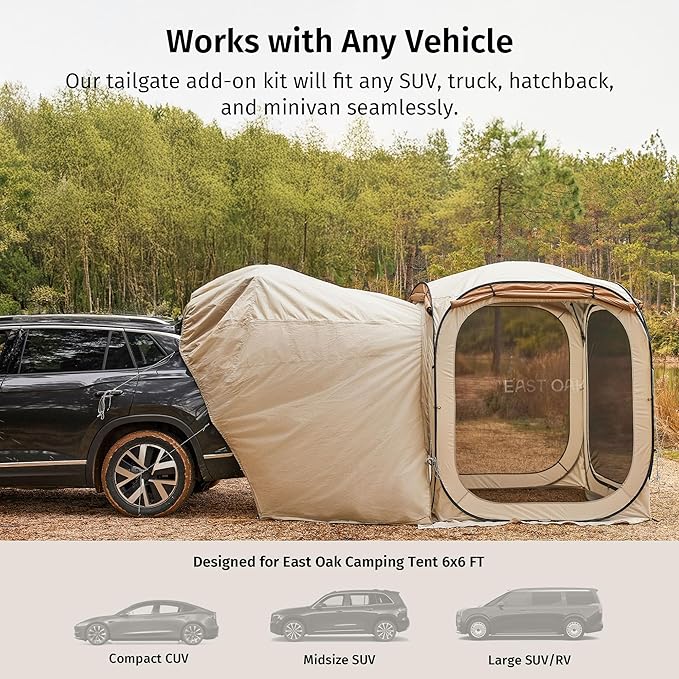 East Oak SUV Tailgate Tent Extension | Camping Shade for SUV, Truck & Hatchback | Windproof & Waterproof Canopy for Outdoor Adventures | Designed for 6x6 FT East Oak Camping Tent