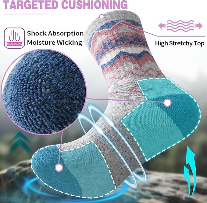 EBMORE Womens Merino Wool Hiking Socks Thermal Warm Winter Crew Cushion Work Boot Outdoor Socks 5 Pairs