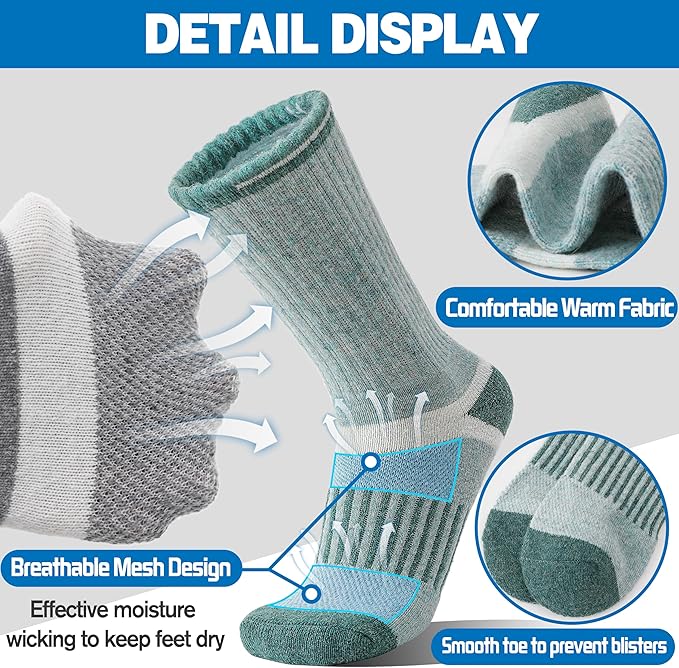 5 Pairs Merino Wool Hiking Socks Warm Thermal Winter Cozy Cushioned Moisture Wicking Socks for Women & Men