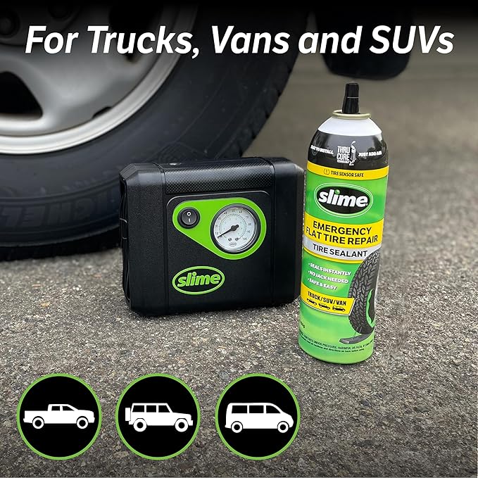 Slime 50166 Flat Tire Puncture Repair, Smart Spair Plus, Emergency Kit for Car Tires, Includes Sealant and Tire Inflator Pump, Suitable forTruck/SUV, 18 Min Fix