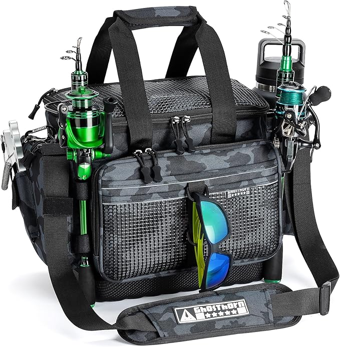 Ghosthorn Fishing Tackle Bag with Rod Holder Saltwater & Freshwater Resistant Tackle Box Bag - Waterproof Base, Adjustable Padded Shoulder Strap (Black Camouflage)