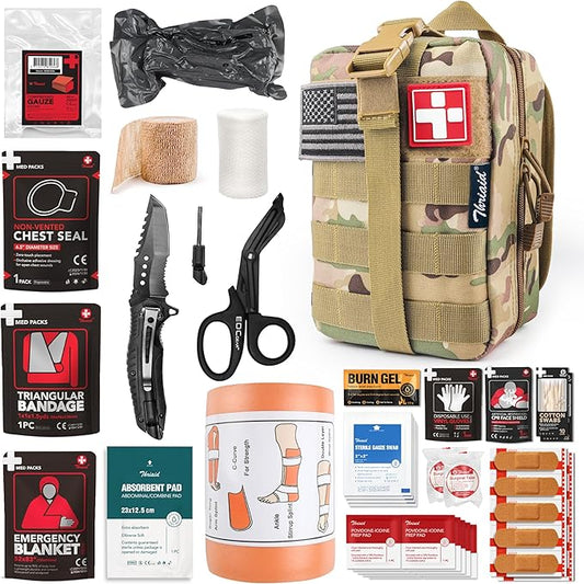 Survival First Aid Kit with Israeli Bandage, Splint, Chest Seal, Tactical Military Combat Molle IFAK for Wound Care, Bleeding Control, Trauma Hemorrhage and More