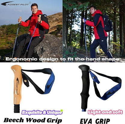 Trekking Poles - Lightweight 7075 Aluminum with Flip Lock & All Terrain Accessories - Pair of 2 Walking Sticks for Hiking with EVA or Beech Wood Grip
