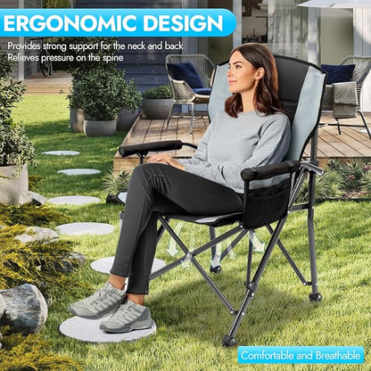 Oversized Folding Camping Chair for Adults, Supports 450 LBS Camping Chairs, Heavy Duty Camping Chair with Side Pockets, Foldable Outdoor Chair for Camping, Beach, Fishing, Hiking, Black-Gray