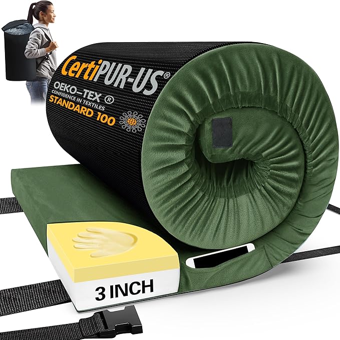 CYMULA Memory Foam Camping Mattress Pad, CertiPUR-US Sleeping Mat, Portable Roll Up Mattress for Adults, Camping Bed Pads for Sleepover, Car Bed with Travel Bag