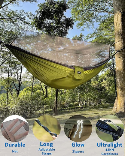 Sunyear Camping Hammock, Portable Single & Double Hammock with Net, 2 Person Hammock Tent with 2 * 10ft Straps, Best for Outdoor Hiking Survival Travel