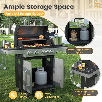 DIFY 4-Burner Propane Gas BBQ Grill with Side Burner and Porcelain-Enameled Cast Iron Grates, 46500 BTU Output Stainless Steel Grill for Outdoor Cooking Kitchen & Patio Backyard Barbecue, Silver