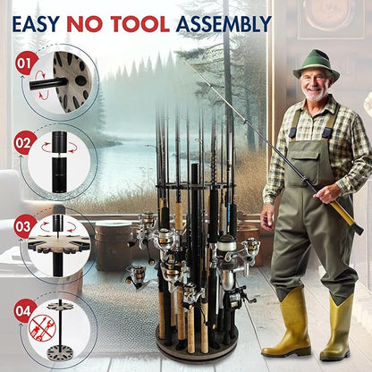 Rush Creek Creations Fishing Rod Holder - 360 Spinning Rack for Garage Organization and Storage, Pole Holder for Reels, Gear, Accessories, Tackle Box