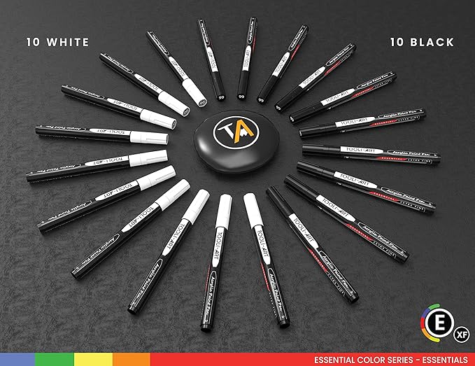 TOOLI-ART Black And White Acrylic Paint Markers Paint Pens Set For Rock Painting, Canvas, Mugs, Metal, Glass Paint, Fabric, Wood, DIY. Non Toxic, Quick Dry,Waterbas (EXTRA FINE)