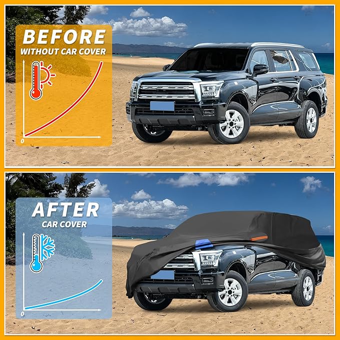 Waterproof All-Weather Universal Car Cover with Right Side Zipper, 210D-PU Black Blue Fits for SUV 190" to 200" Length