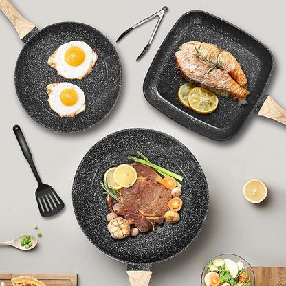 VOTTGO 19 Pcs Pots and Pans Set Non Stick, Black Granite Induction Cookware Set, Non Toxic Healthy RV Kitchen Cooking Set with Silicone Tools and Pot Protectors, PFOA PFOS PFAS Free