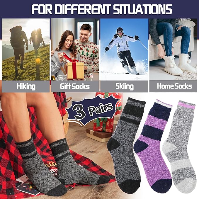 MOGGEI 3 Pairs Thermal Winter Socks for Women & Men Thick Extra Warm Insulated Ski Boot Socks for Cold Weather