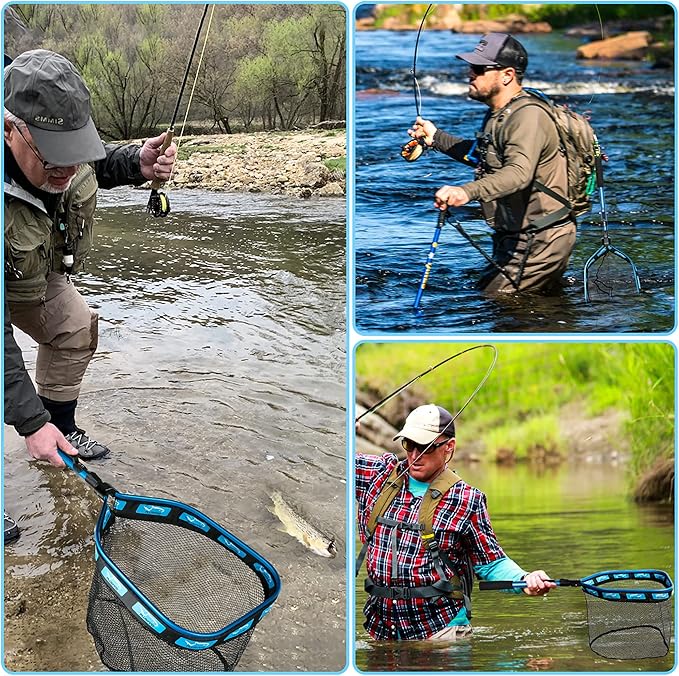 PLUSINNO Floating Fishing Net for Steelhead, Salmon, Fly, Kayak, Catfish, Bass, Trout Fishing, Rubber Coated Landing Net for Easy Catch & Release, Compact & Foldable for Easy Transportation & Storage