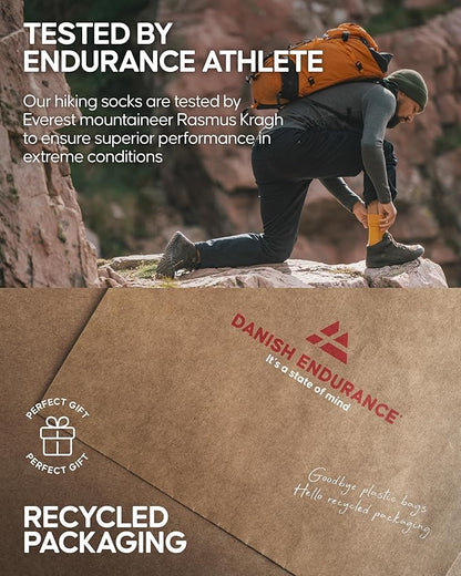 DANISH ENDURANCE Merino Wool Hiking Crew Socks for Men & Women, Cushioned Anti-Blister, Breathable - 3 Pairs