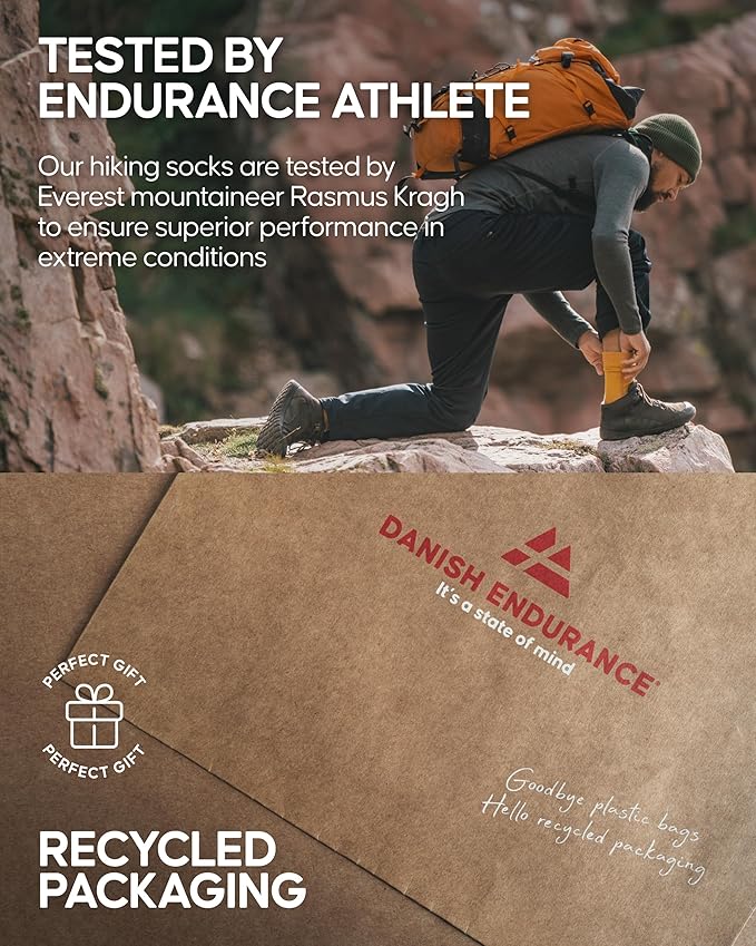 DANISH ENDURANCE Merino Wool Hiking Crew Socks for Men & Women, Cushioned Anti-Blister, Breathable - 3 Pairs