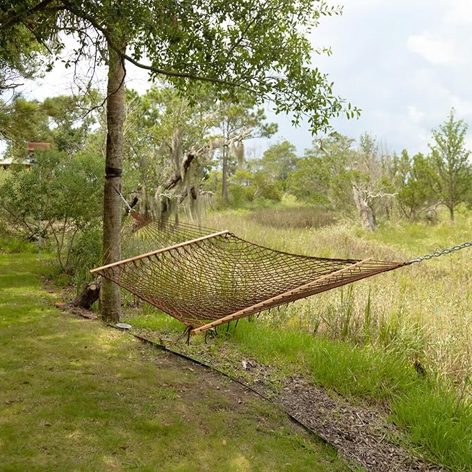 Castaway Living 13 ft. Double Traditional Hand Woven Antique Brown Polyester Rope Hammock – 2-Person, 450 lb Capacity, Free Extension Chains & Tree Hooks, Designed in The USA