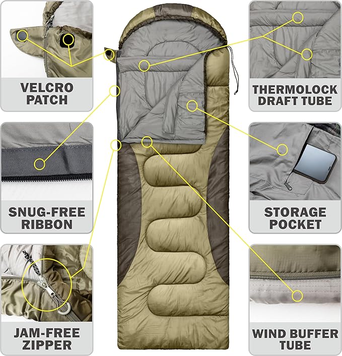 0 Degree Winter Sleeping Bags for Adults Camping (450GSM) - Temp Range (5F–32F) Portable Waterproof Compression Sack- Camping Sleeping Bags for Big and Tall in Env Hoodie: Backpacking Hiking 4 Season