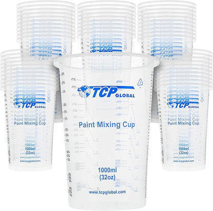 TCP Global 32 oz. (1000ml) Graduated Plastic Mixing Cups (Box of 50) - Disposable Plastic Measuring Cups for Liquids, Paints, Resin, Epoxy, Art, Kitchen - Ratios 2-1, 3-1, 4-1 ML