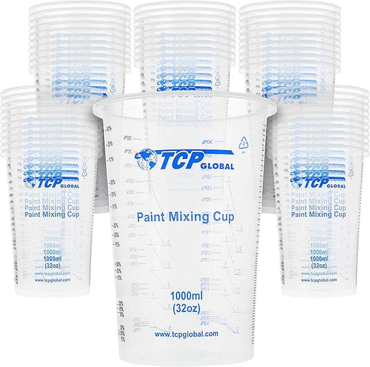 TCP Global 32 oz. (1000ml) Graduated Plastic Mixing Cups (Box of 50) - Disposable Plastic Measuring Cups for Liquids, Paints, Resin, Epoxy, Art, Kitchen - Ratios 2-1, 3-1, 4-1 ML