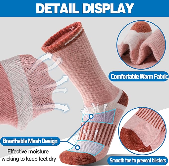 5 Pairs Merino Wool Hiking Socks Warm Thermal Winter Cozy Cushioned Moisture Wicking Socks for Women & Men