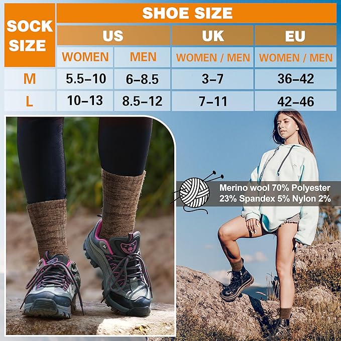 EBMORE Merino Wool Thermal Warm Socks Thick Winter Hiking Cozy Crew Comfy Cushioning Socks 4 Pairs for Women Men
