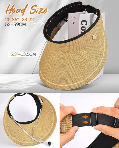 Sun Visor Hat for Women,Wide Brim Beach Hat UV Protection, Packable Straw Sun Visor Hat for Vacation,Summer