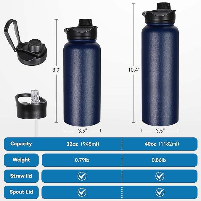 VEGOND 32 oz Insulated Water Bottle Stainless Steel Metal Water Bottles with Leak Proof Straw Lid & Spout Lid, Wide Mouth Double Walled Vacuum Travel Sports Bottle, Navy Blue