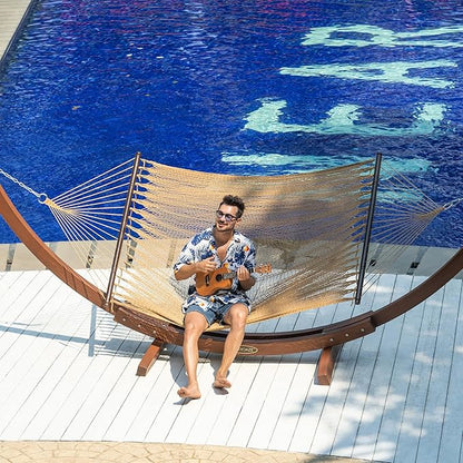 Lazy Daze Hammocks 10.5 FT Double 2 Person Caribbean Rope Hammock, Hand Woven Polyester Hammock with Spreader Bars, for Outside Outdoor Backyard Patio Poolside,450 LBS Capacity, Tan