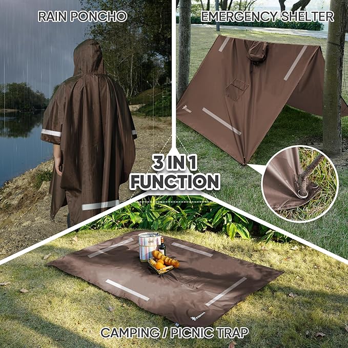 PTEROMY Hooded Rain Poncho for Adult with Pocket, Waterproof Lightweight Unisex Raincoat for Hiking Camping Emergency