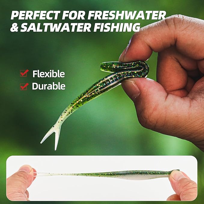 Forked Tail Soft Baits- Realistic Jerk Bait & Fluke Action Soft Lures for Bass, Trout & Crappie - Versatile Freshwater & Saltwater Fishing Bait (2.75"-5")