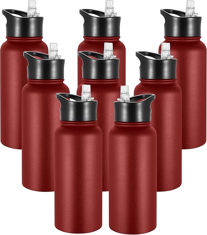 VEGOND 32 oz Insulated Water Bottle Bulk Stainless Steel Metal Water Bottles with Leak Proof Straw Lid & Spout Lid, Wide Mouth Double Walled Vacuum Travel Sports Bottle, Red 8 Pack