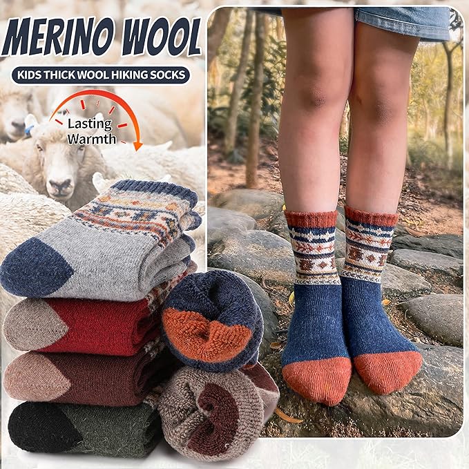 EBMORE Kids Merino Wool Hiking Socks Thermal Winter Warm Thick Boys Toddlers Girls Cushion Crew Socks 6 Pairs