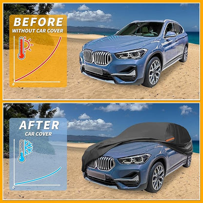 Universal Car Cover Waterproof All Weather 210D-PU, UV Sun Rain Protection, Fits for SUV Length Up to 181", with Left Side Zipper, Black