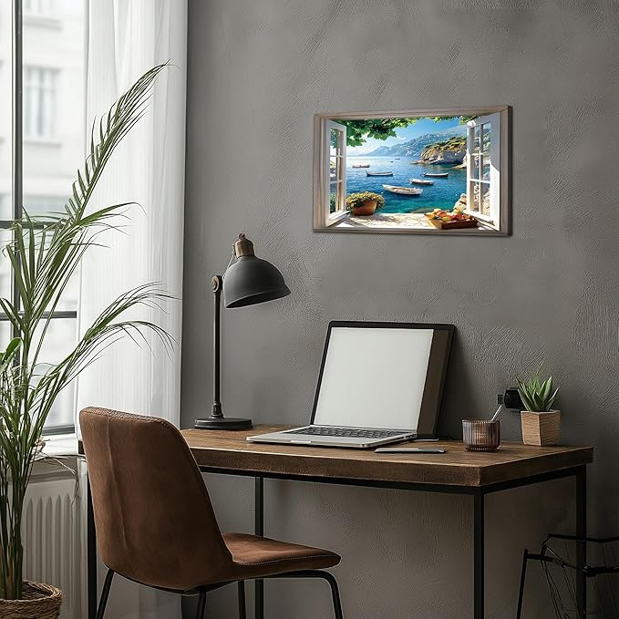 ANRUOXI Beach Wall Art, Window Frame Style Canvas Wall Decor Ocean, Blue Sea & Tropical Palm Tree Ocean Island Canvas, Paradise Scenery Nature Landscape Painting for Living Room Office Home 12x18 Inch