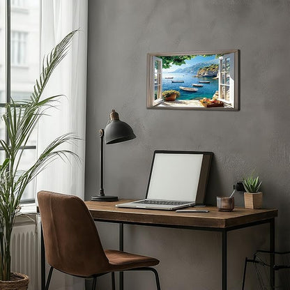 ANRUOXI Beach Wall Art, Window Frame Style Canvas Wall Decor Ocean, Blue Sea & Tropical Palm Tree Ocean Island Canvas, Paradise Scenery Nature Landscape Painting for Living Room Office Home 12x18 Inch