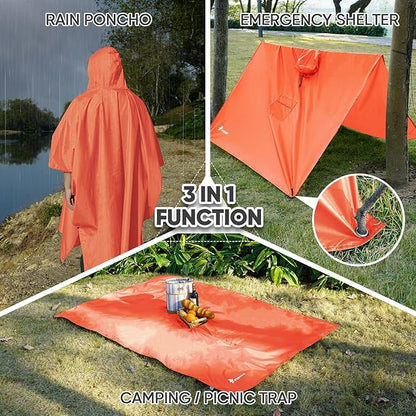 PTEROMY Hooded Rain Poncho for Adult with Pocket, Waterproof Lightweight Unisex Raincoat for Hiking Camping Emergency