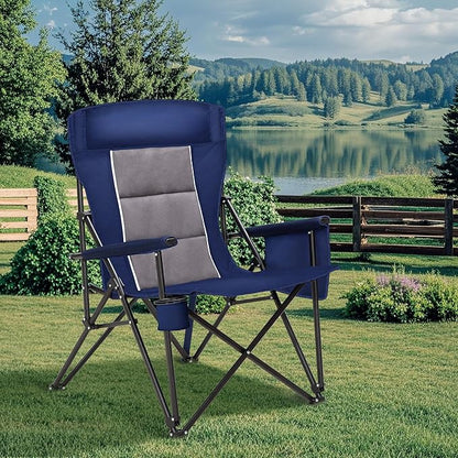 HIGH POINT SPORTS Oversized Camping Chairs for Adults, High Back Heavy Duty Lawn Folding Chair Support 500LBS, Padded Portable Outdoor Chair with Cup Holder, Blue