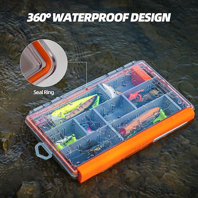 RUNCL Fishing Tackle Box - 360° Waterproof Tackle Trays, 3700 Fishing Tackle Box Organizer with Adjustable Dividers for Jigs Lures, Orange, 2 Pack