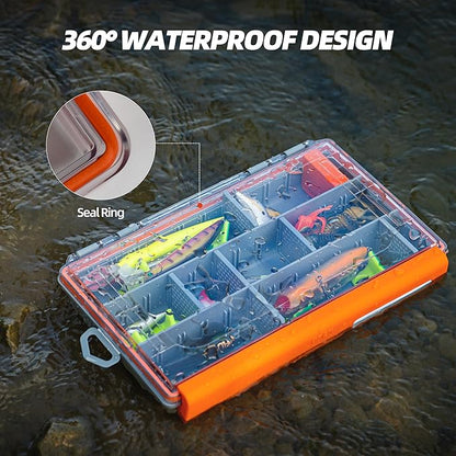 RUNCL Fishing Tackle Box - 360° Waterproof Tackle Trays, 3600 Fishing Tackle Box Organizer with Adjustable Dividers for Jigs Lures, Orange, 1 Pack