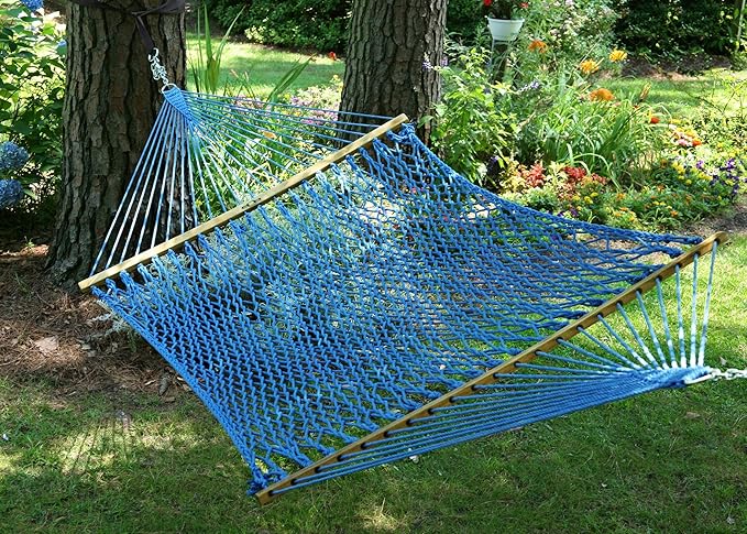 Original Pawleys Island Large Coatal Blue DuraCord Rope Hammock – 13 ft. x 55 in., 2-Person, 450 lb Capacity, Oak Spreader Bar, Zinc-Plated Hardware, Handcrafted in The USA