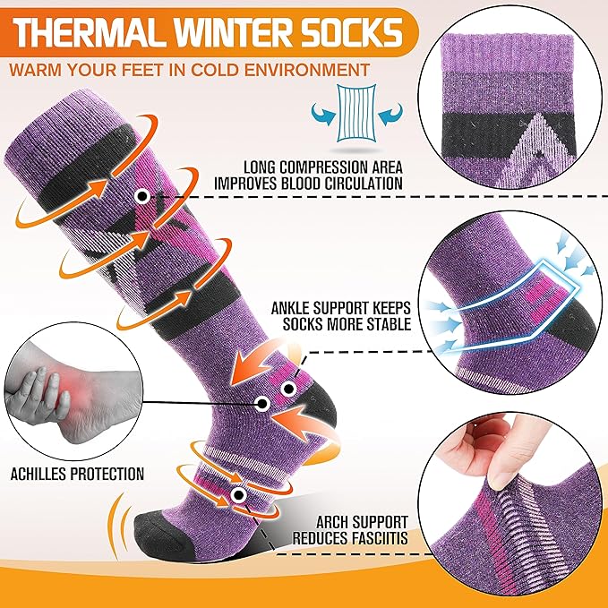 3 Pairs Merino Wool Ski Socks for Womens Mens Thermal Winter Warm Thick Knee High Socks for Skiing Snowboarding
