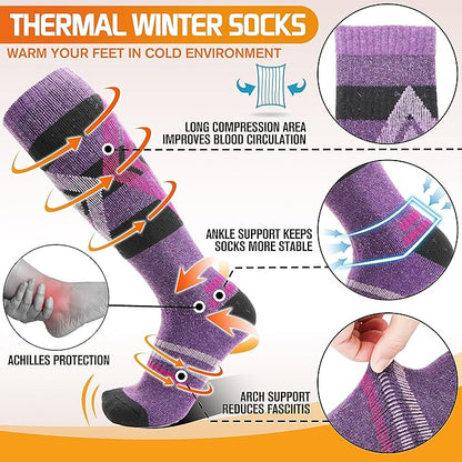 3 Pairs Merino Wool Ski Socks for Womens Mens Thermal Winter Warm Thick Knee High Socks for Skiing Snowboarding