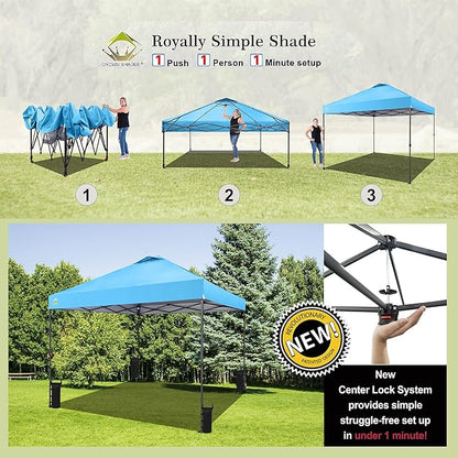 CROWN SHADES 10x10 Pop Up Canopy Tent - Patented Center Lock One Push Instant Outdoor Canopy Beach Tent with STO-N-Go Bag 8 Stakes & 4 Sand Bags，Sky Blue