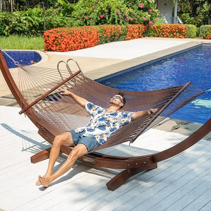 Lazy Daze Hammocks 10.5 FT Double 2 Person Caribbean Rope Hammock, Hand Woven Polyester Hammock with Spreader Bars for Outdoor Backyard Patio Poolside, 450 LBS Capacity, Brown