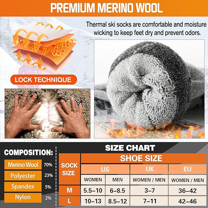 3 Pairs Merino Wool Ski Socks for Womens Mens Thermal Winter Warm Thick Knee High Socks for Skiing Snowboarding